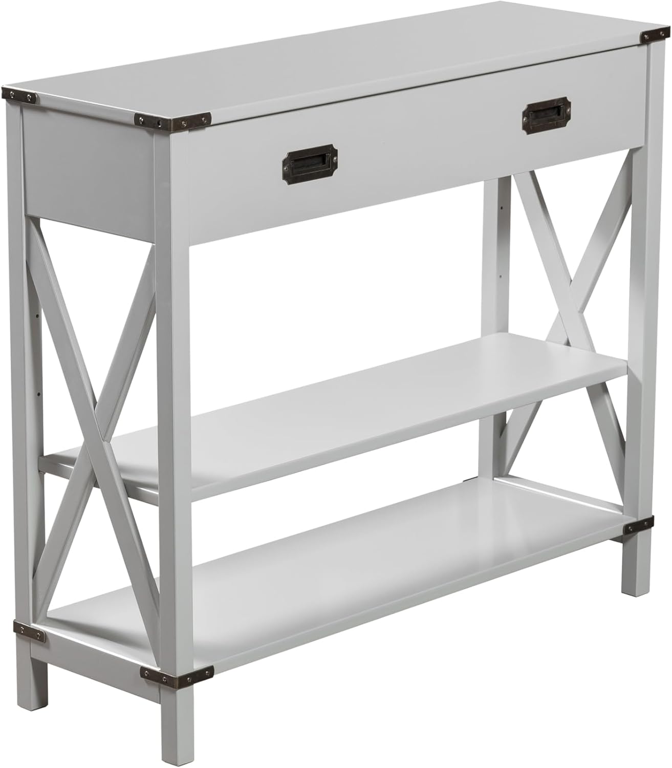 Grey Console Table with Drawer and Storage Shelves – Narrow Entryway Table