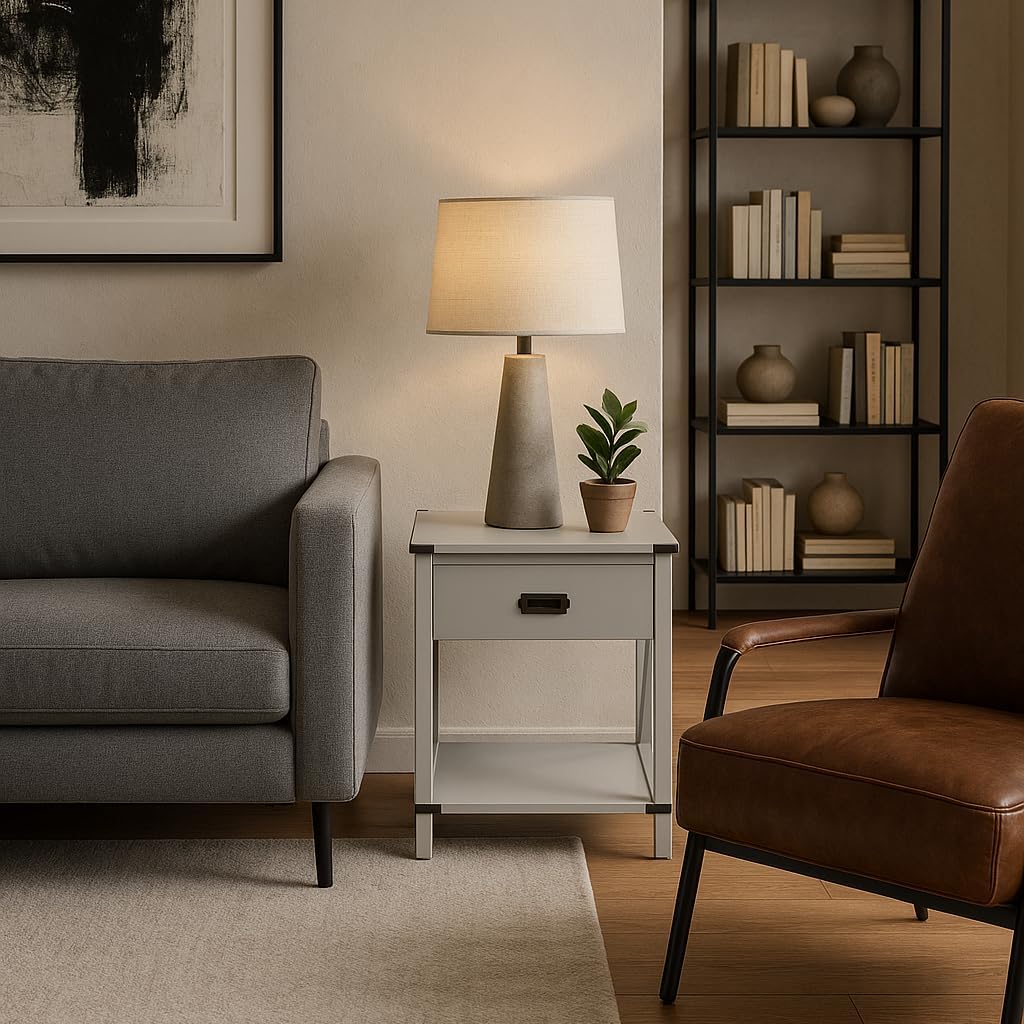 Modern Grey End Table with Storage Drawer