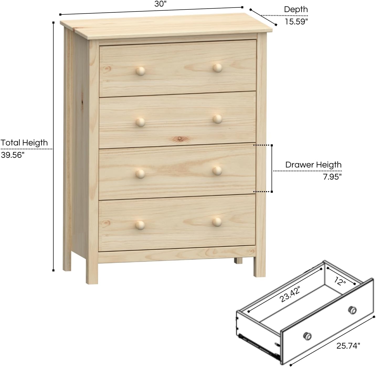 Solid Wood 4-Drawer Dresser