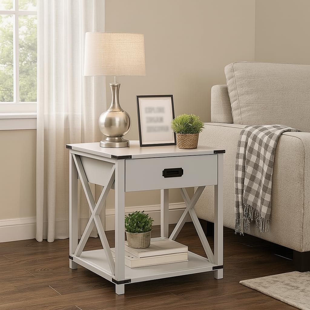 Modern Grey End Table with Storage Drawer