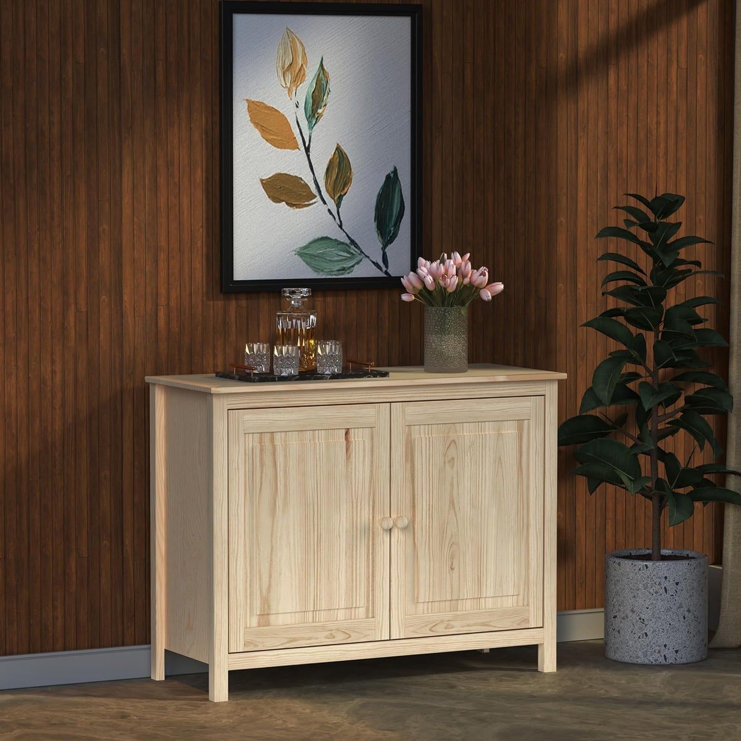 Solid Wood Black Sideboard Buffet Cabinet with Doors