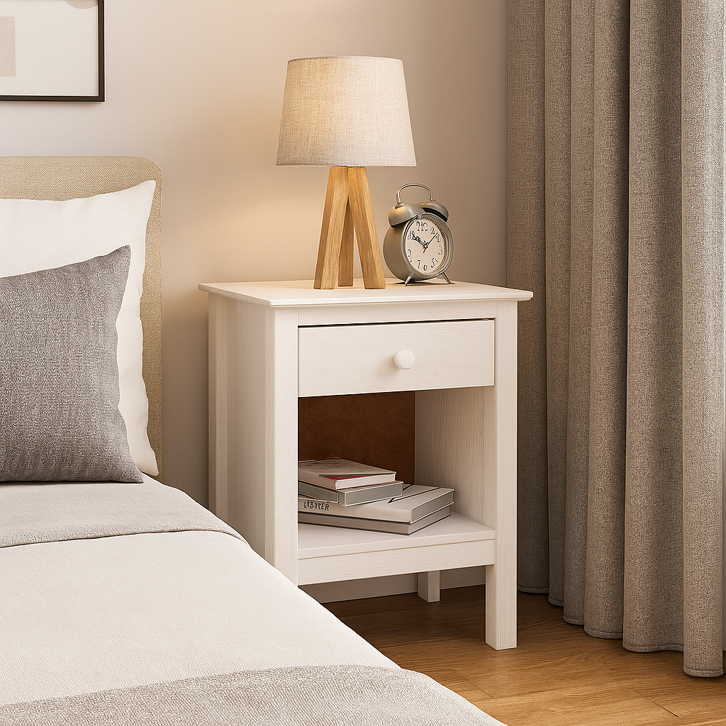 Nightstand Table 1 Drawer Solid Wood White