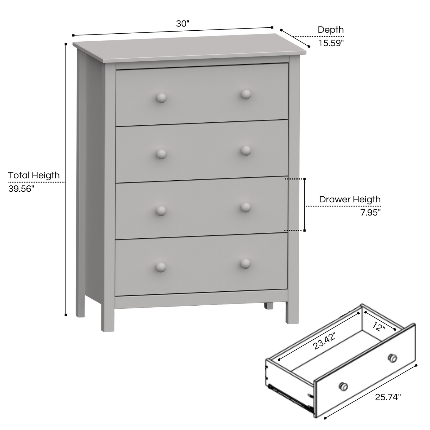 Solid Wood 4-Drawer Dresser