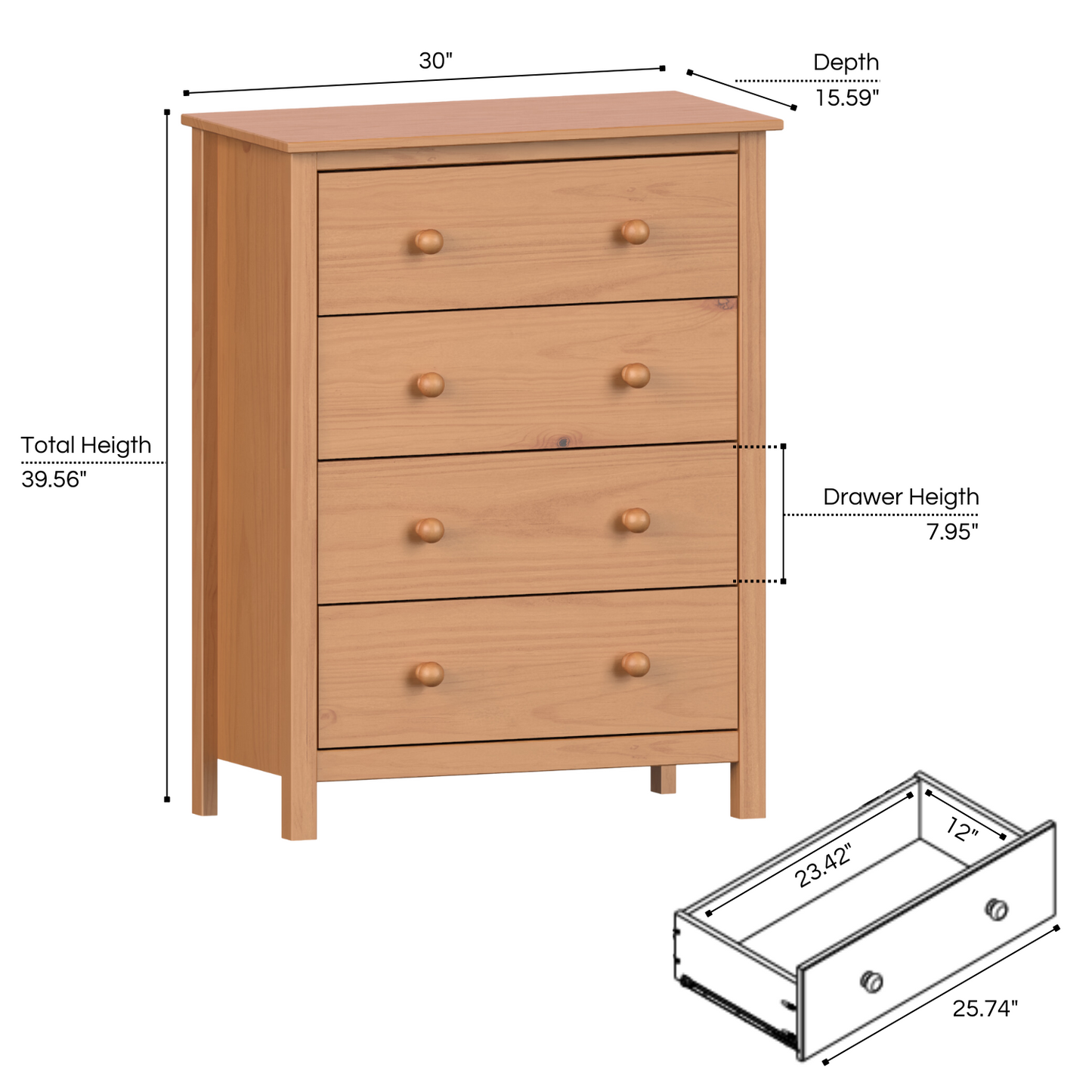 Solid Wood 4-Drawer Dresser