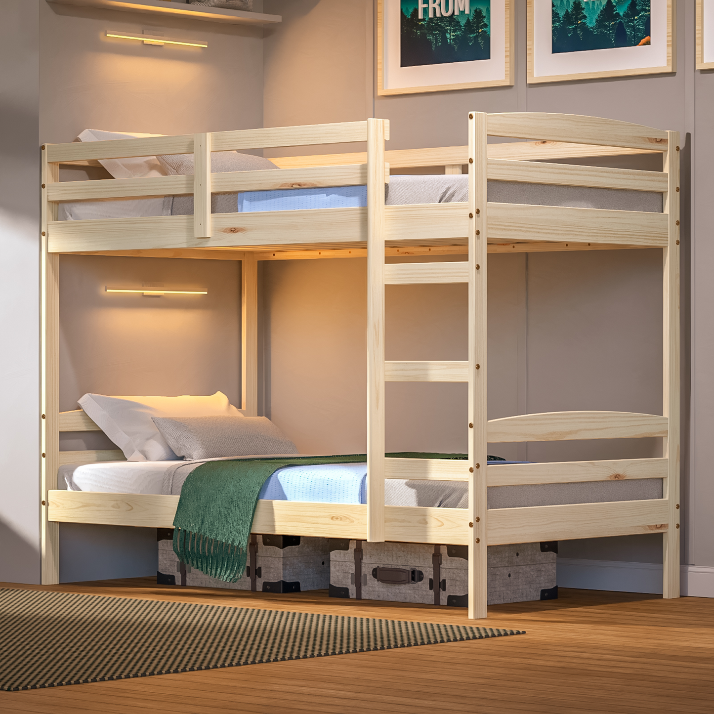 Twin Over Twin Bunk Bed for Kids with Solid Wood Frame