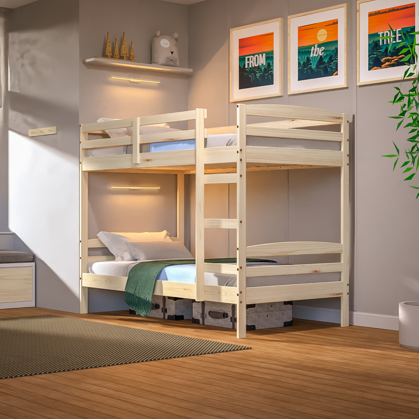 Twin Over Twin Bunk Bed for Kids with Solid Wood Frame