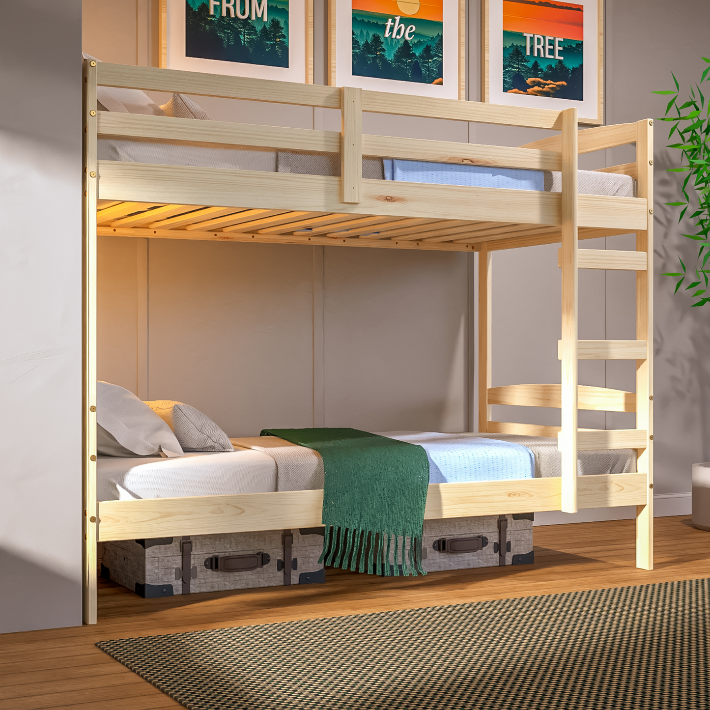 Twin Over Twin Bunk Bed for Kids with Solid Wood Frame
