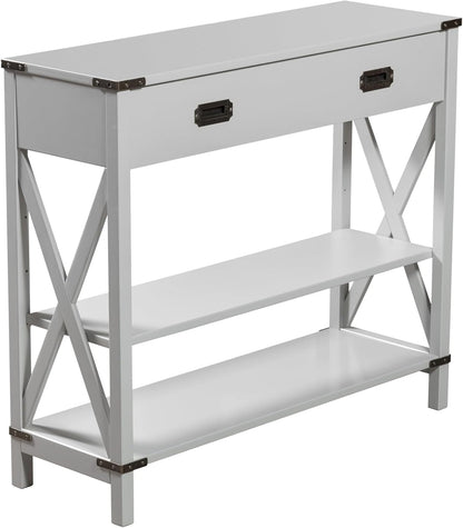 Grey Console Table with Drawer and Storage Shelves – Narrow Entryway Table