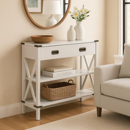 Grey Console Table with Drawer and Storage Shelves – Narrow Entryway Table
