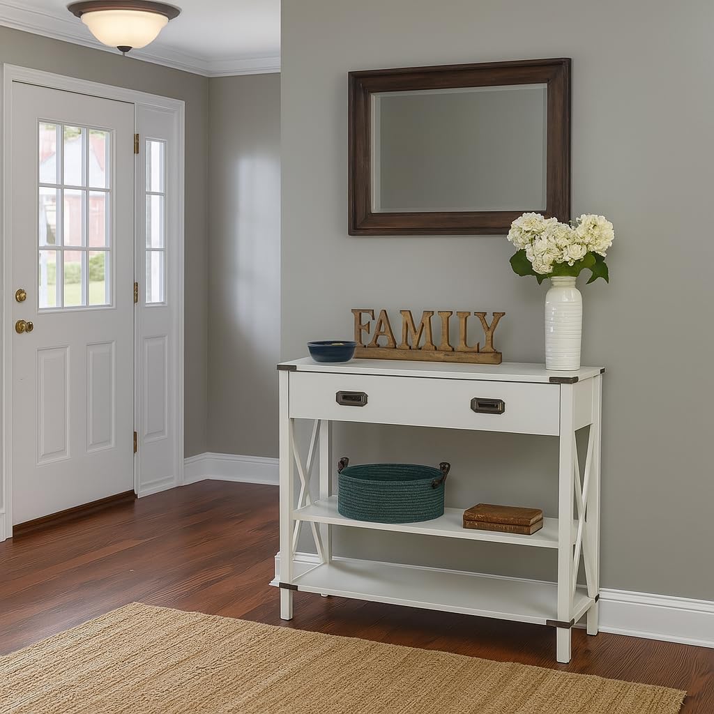 Grey Console Table with Drawer and Storage Shelves – Narrow Entryway Table
