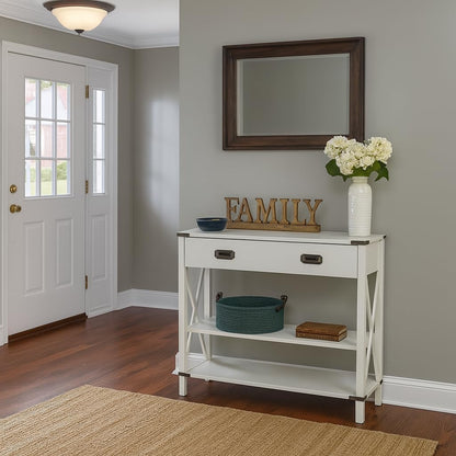 Grey Console Table with Drawer and Storage Shelves – Narrow Entryway Table