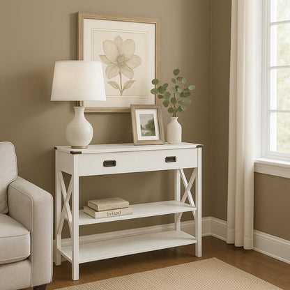 Grey Console Table with Drawer and Storage Shelves – Narrow Entryway Table
