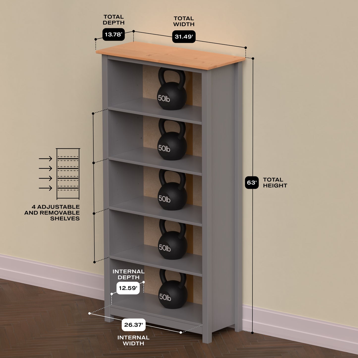 Solid Pine Wood Bookcase