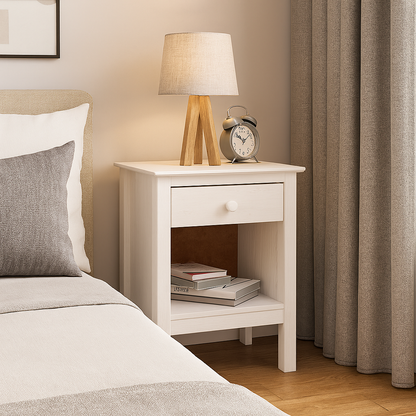 Nightstand Table 1 Drawer Solid Wood White