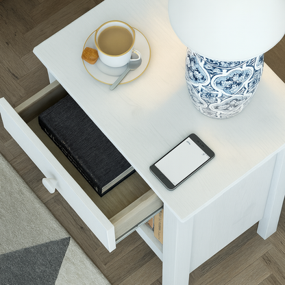 Nightstand Table 1 Drawer Solid Wood White