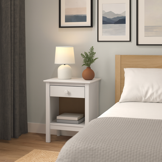Nightstand Table 1 Drawer Solid Wood White