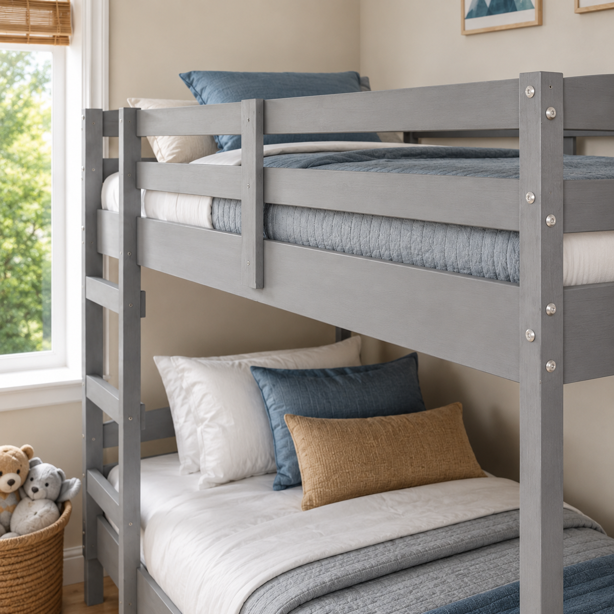 Twin Over Twin Bunk Bed for Kids with Solid Wood Frame, Full-Length Safety Rails & Hang-On Ladder — 220 lbs Per Bunk