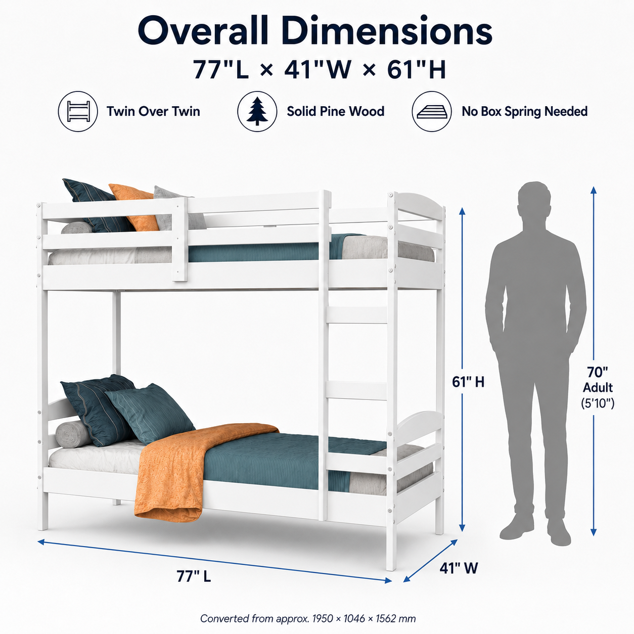 Twin Over Twin Bunk Bed for Kids with Solid Wood Frame, Full-Length Safety Rails & Hang-On Ladder — 220 lbs Per Bunk