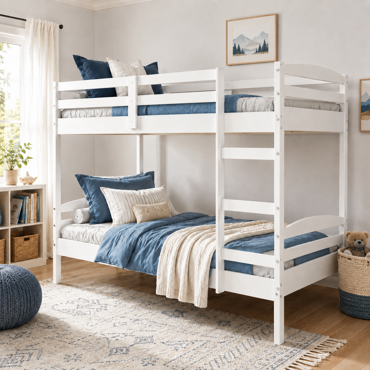 Twin Over Twin Bunk Bed for Kids with Solid Wood Frame, Full-Length Safety Rails & Hang-On Ladder — 220 lbs Per Bunk