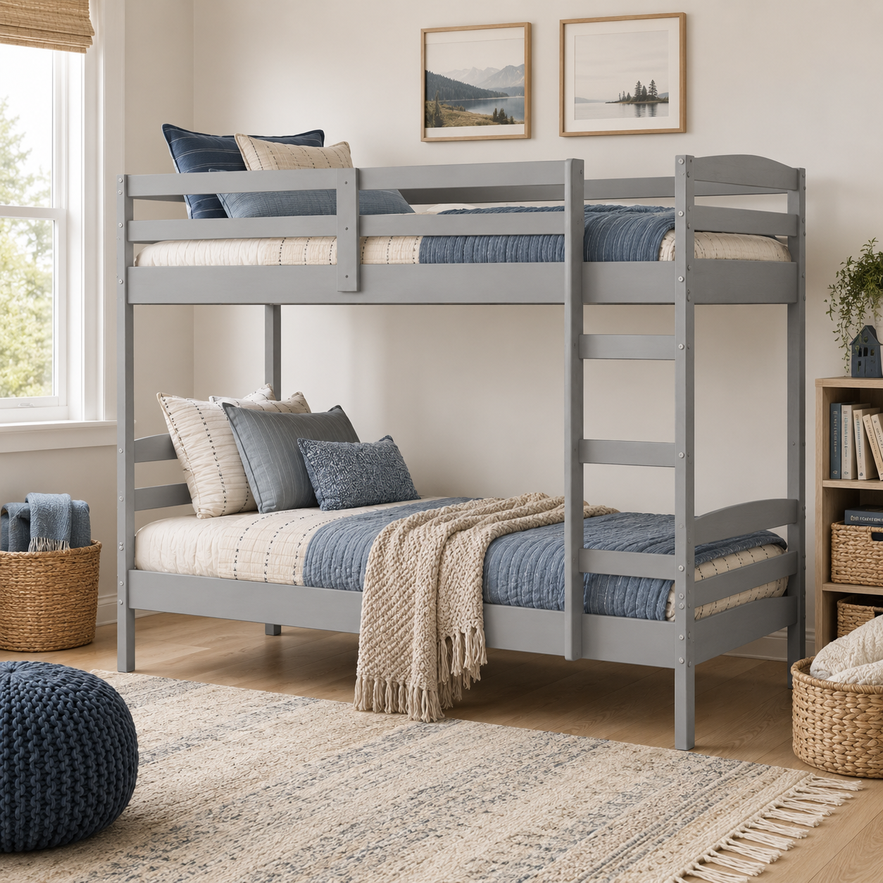 Twin Over Twin Bunk Bed for Kids with Solid Wood Frame, Full-Length Safety Rails & Hang-On Ladder — 220 lbs Per Bunk