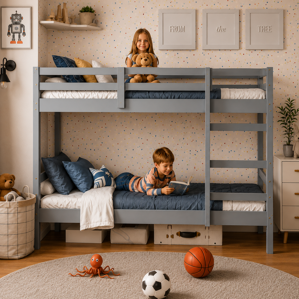 Twin Over Twin Bunk Bed for Kids with Solid Wood Frame, Full-Length Safety Rails & Hang-On Ladder — 220 lbs Per Bunk