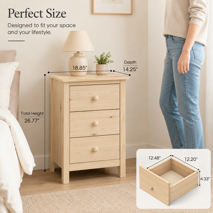 Nightstand Extra Tall 3 Drawer Solid Wood