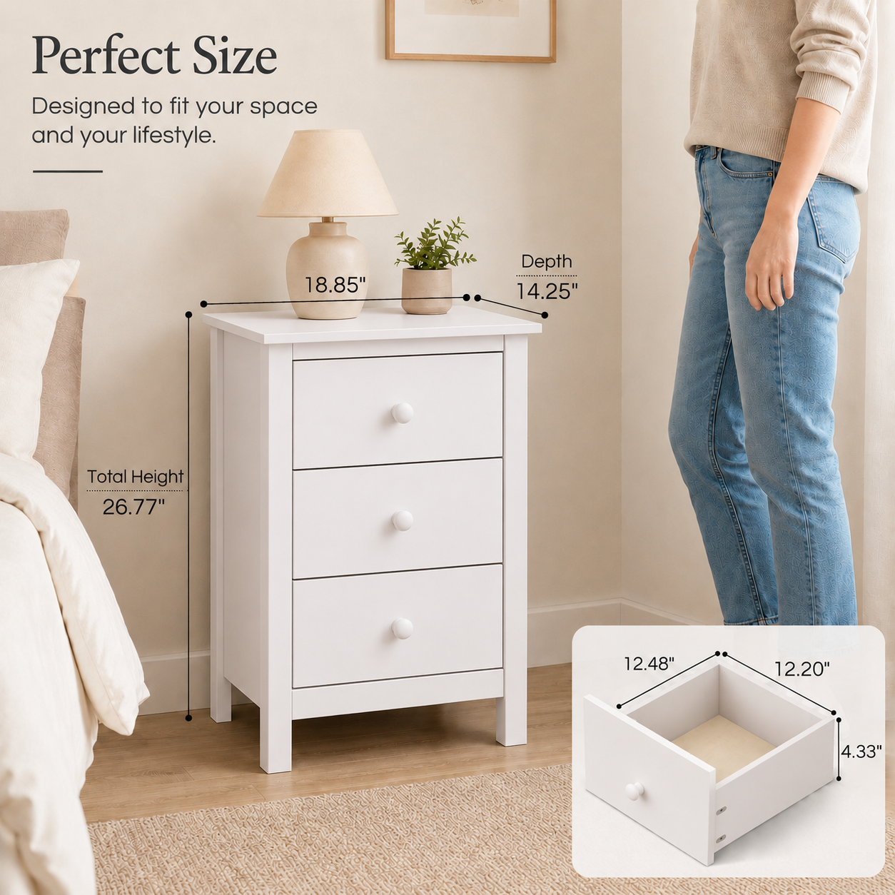Nightstand Extra Tall 3 Drawer Solid Wood