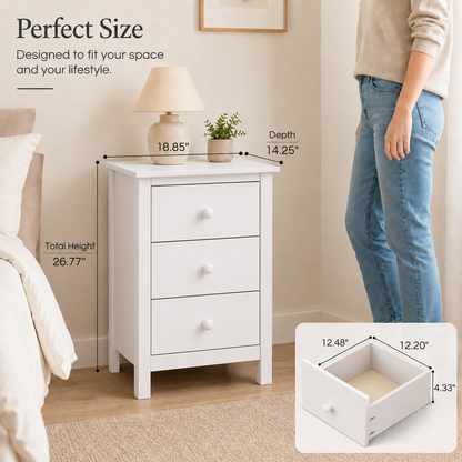Nightstand Extra Tall 3 Drawer Solid Wood