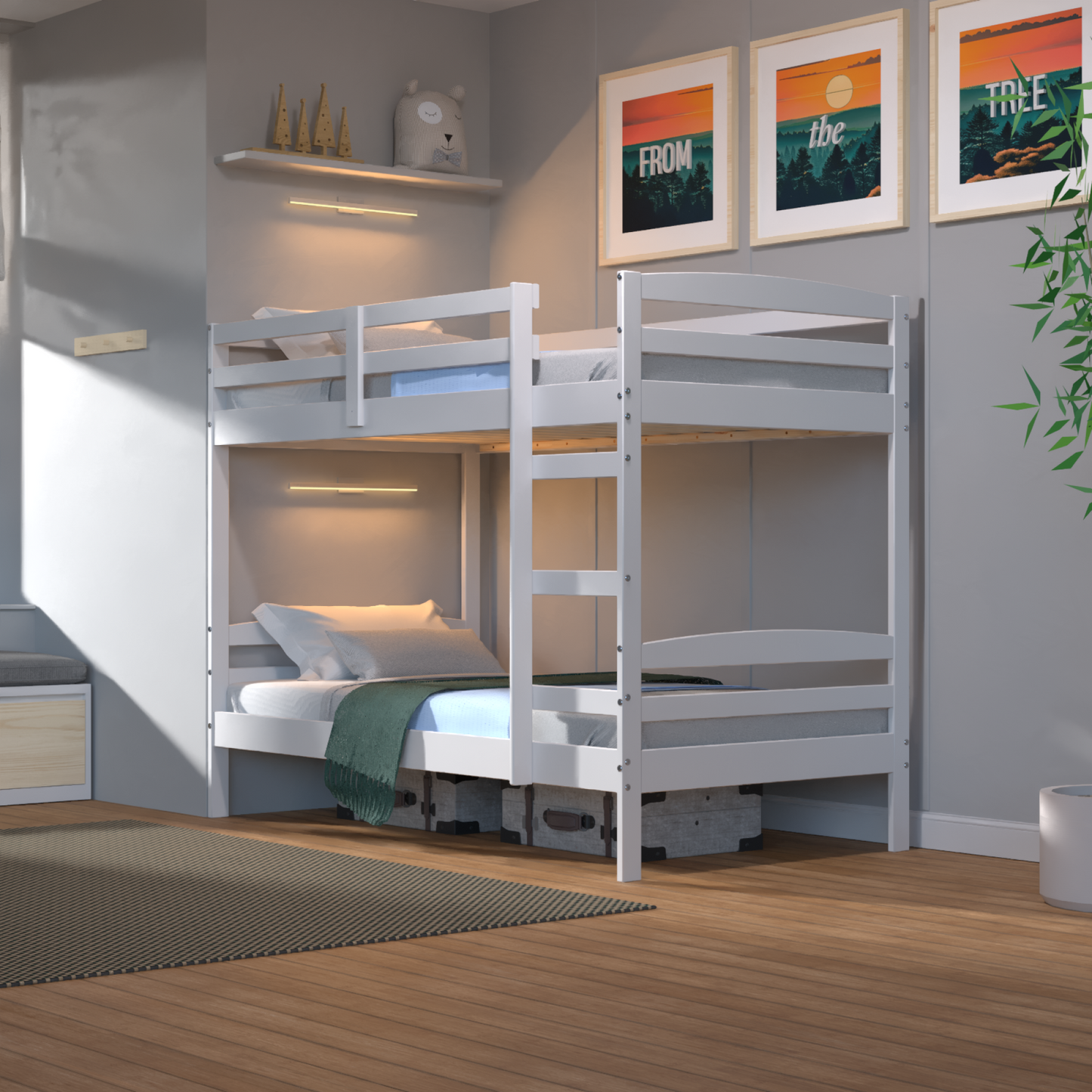 Twin Over Twin Bunk Bed for Kids with Solid Wood Frame