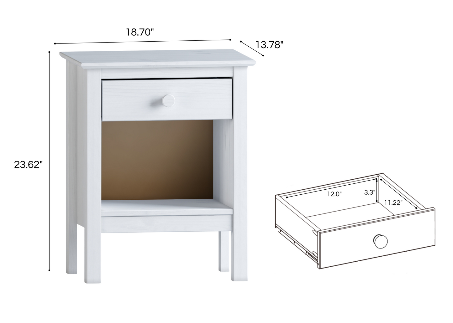Nightstand Table 1 Drawer Solid Wood White