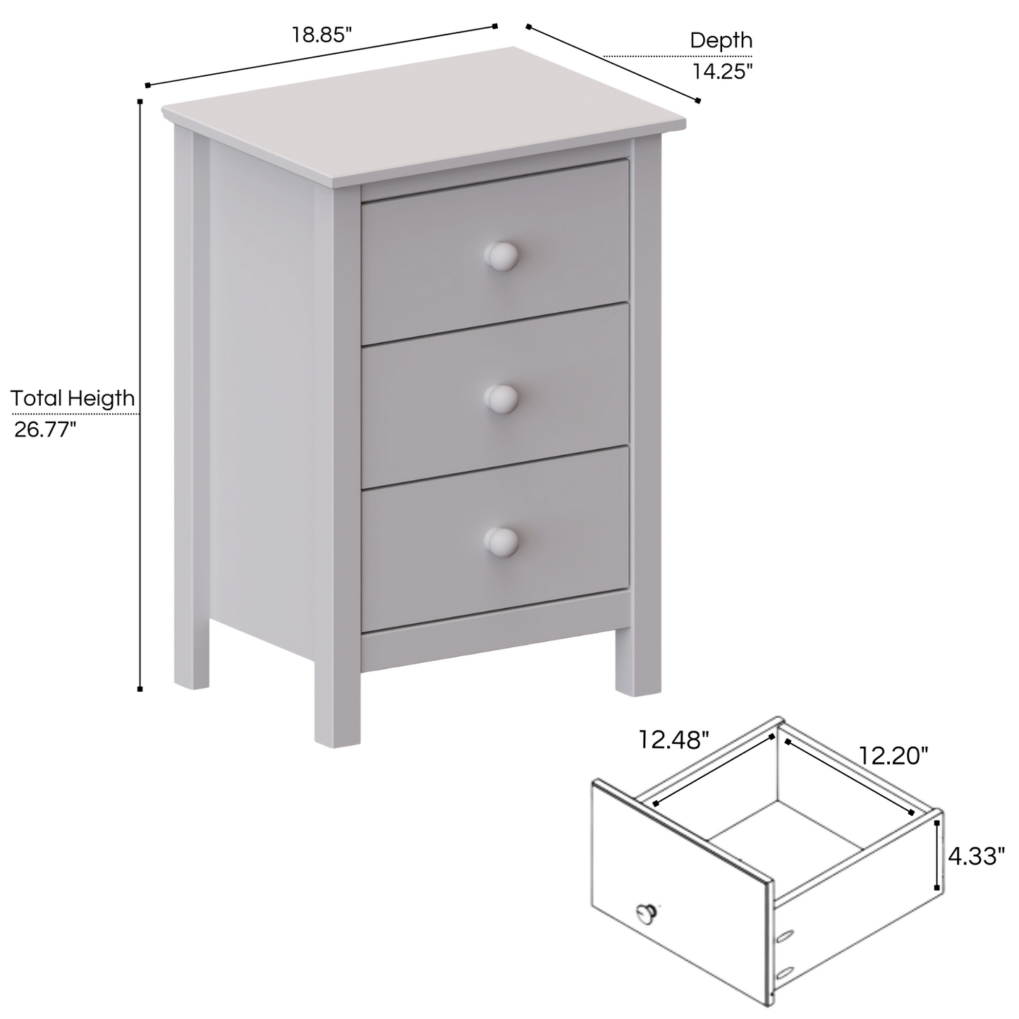 Nightstand Extra Tall 3 Drawer Solid Wood