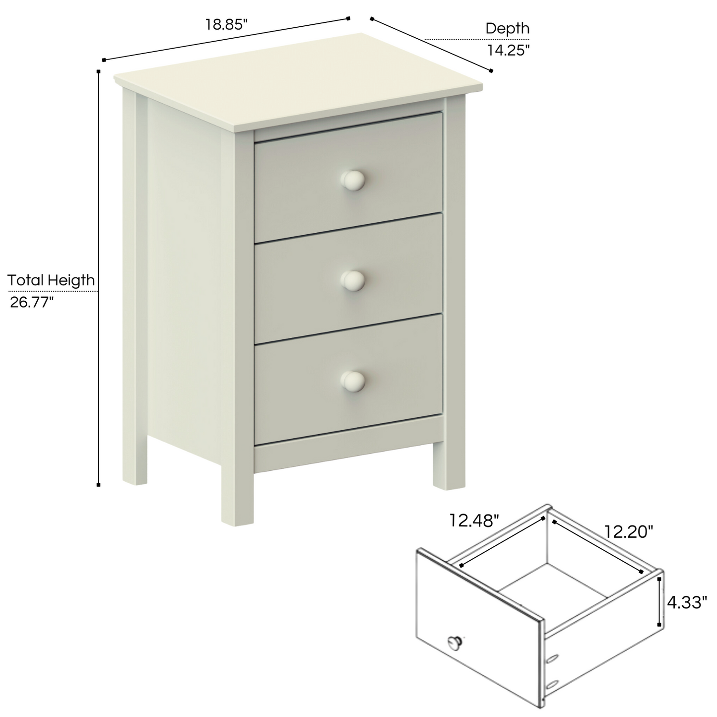 Nightstand Extra Tall 3 Drawer Solid Wood