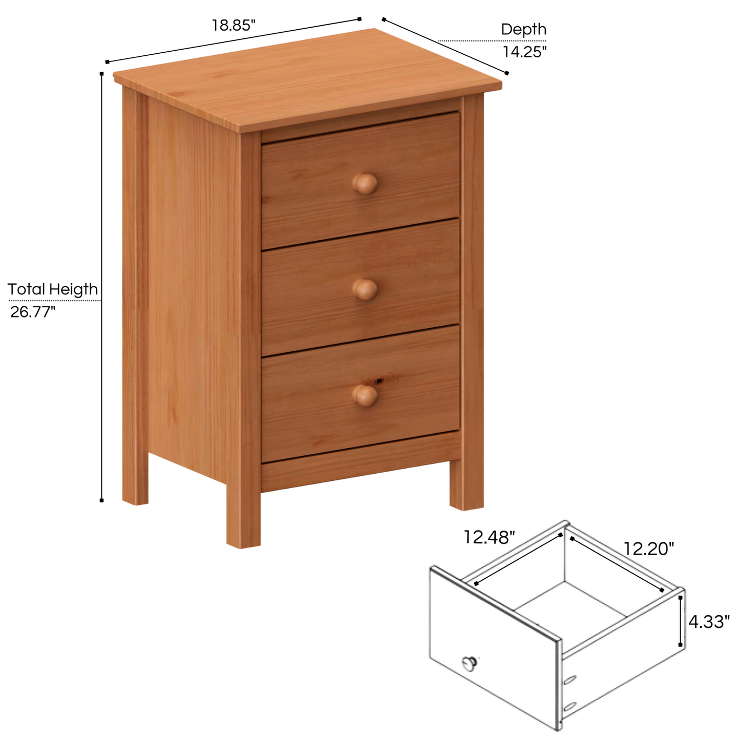 Nightstand Extra Tall 3 Drawer Solid Wood
