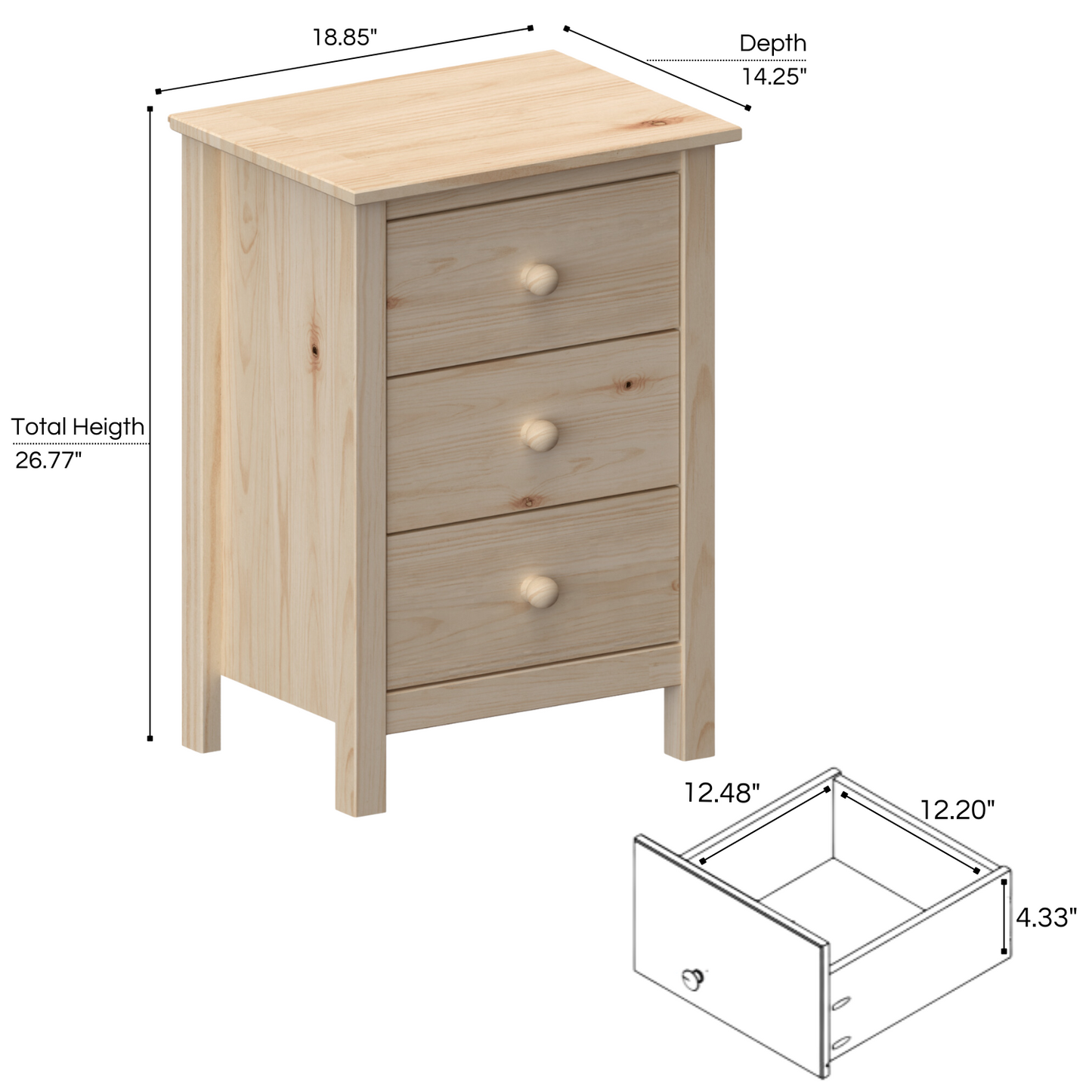 Nightstand Extra Tall 3 Drawer Solid Wood