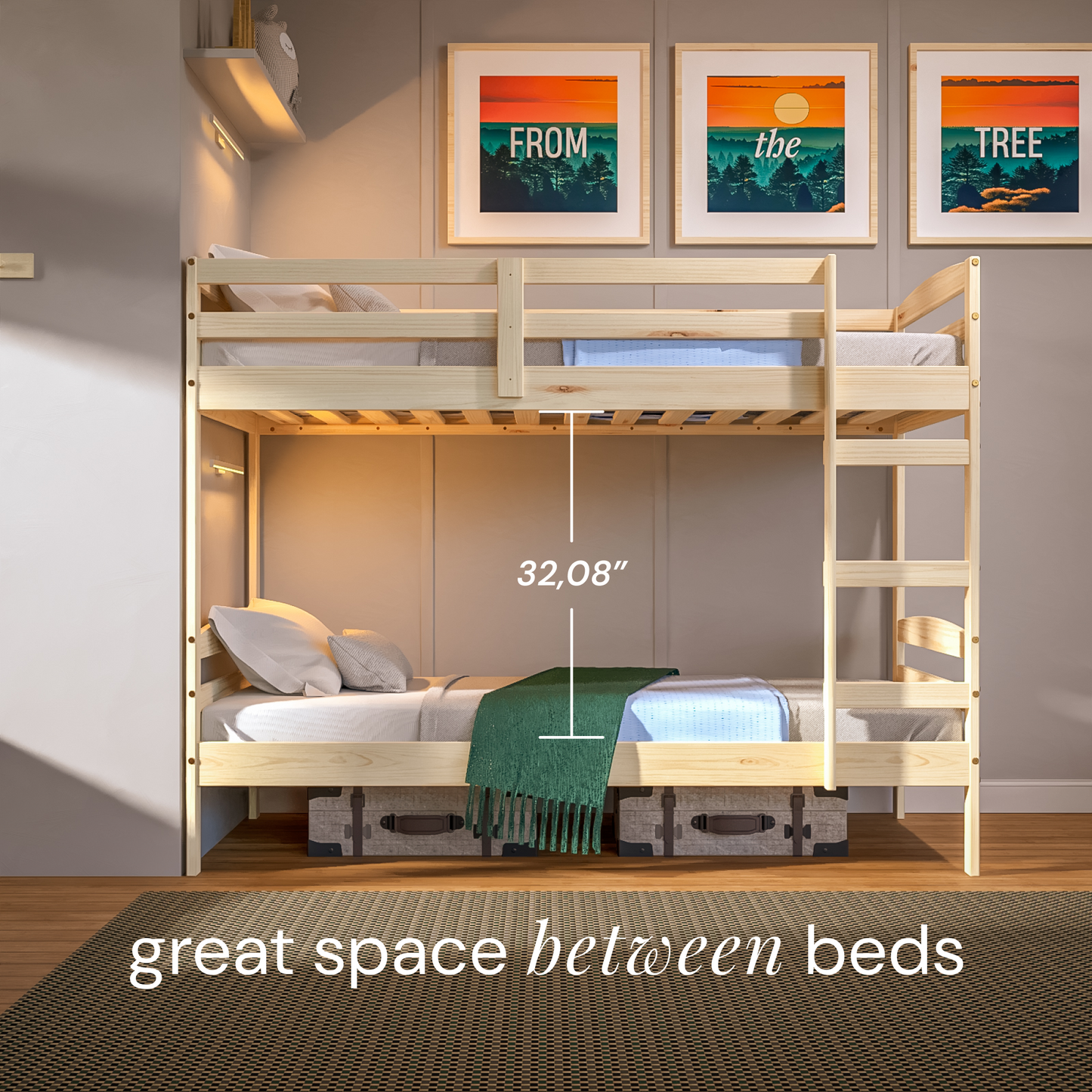 Twin Over Twin Bunk Bed for Kids with Solid Wood Frame